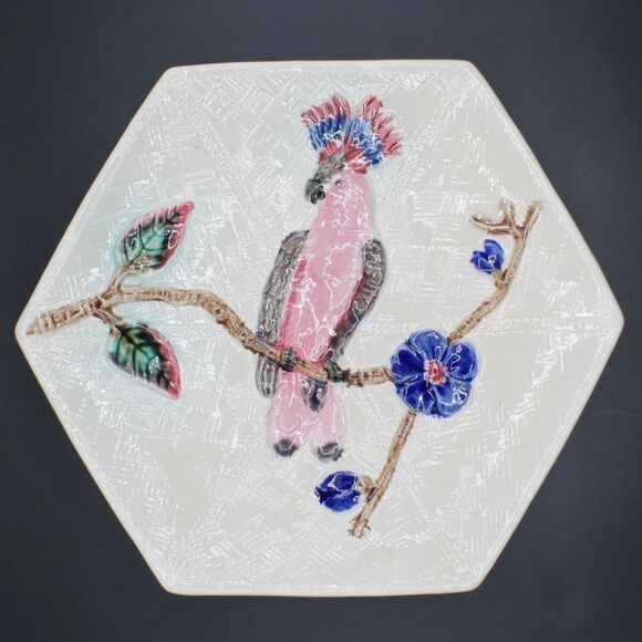 Antique Majolica Pink Cockatoo Plate William Brownfield Bird Raised Hexagon - Picture 6 of 6